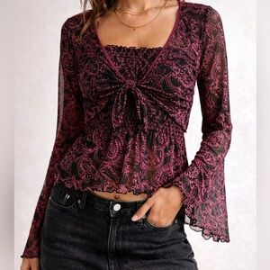 Trixxi 2PC Y2K Set Pink Black Paisley Mesh Tie Top L Babydoll Bell Sleeve Indie
